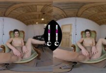 Viola Kat in Virtual Reality With Open Legs Tearing Tights And Shows Pussy